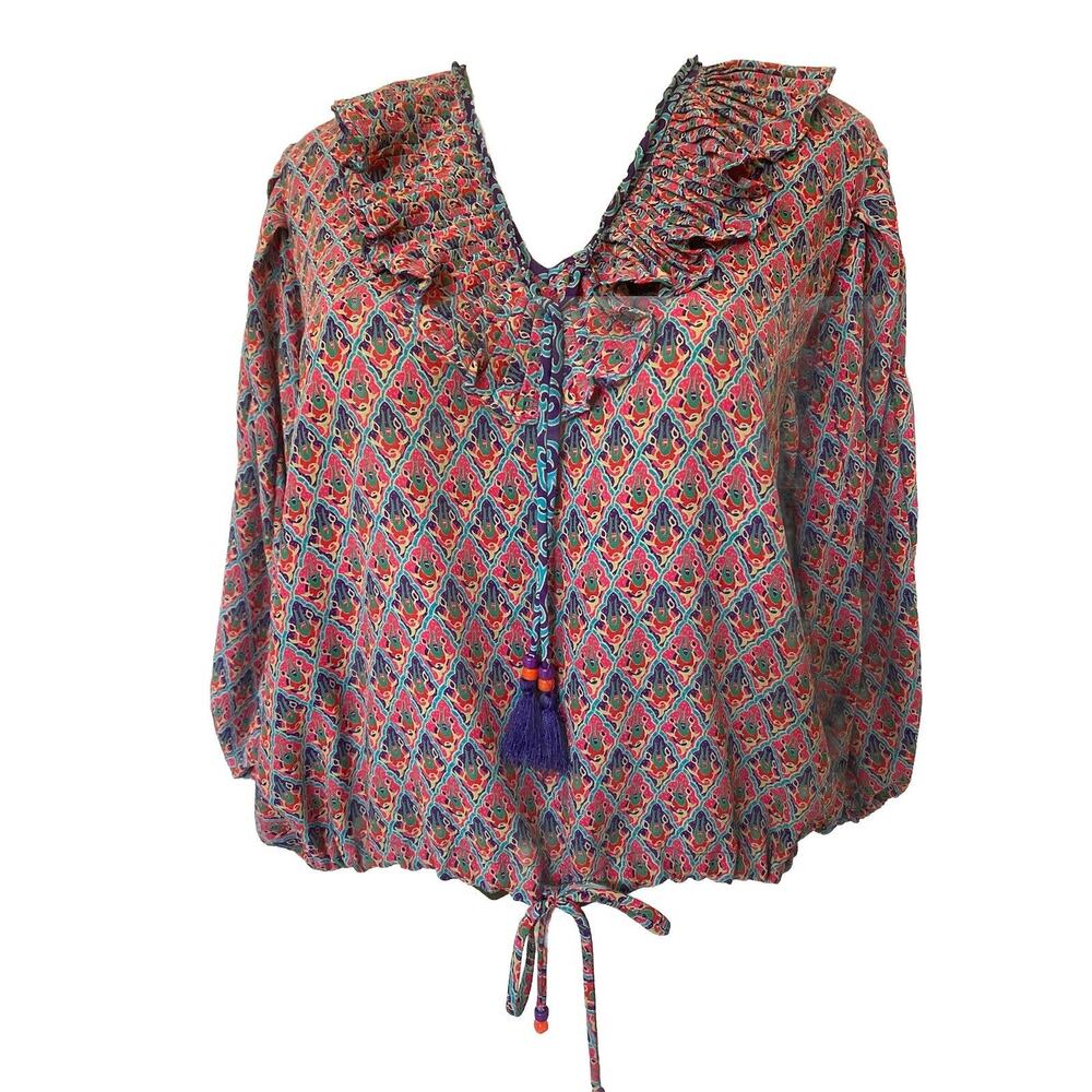 Diane Freis Top Blouse 3/4 Balloon Sleeve Tie Geo Floral V Neck Pleat ta…